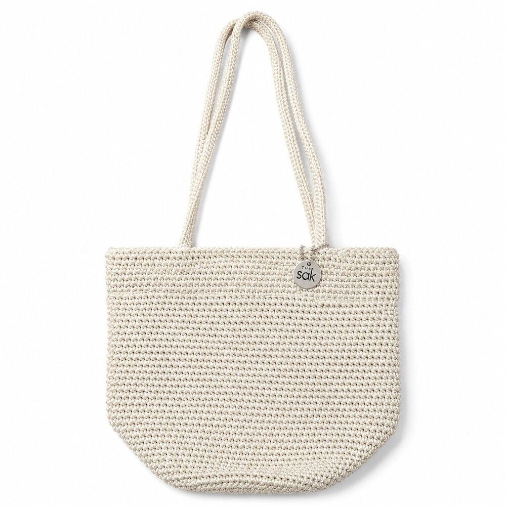 The Sak Ivory Cream Crochet Woven Shoulder Tote Bag Y2K Boho Zip Top